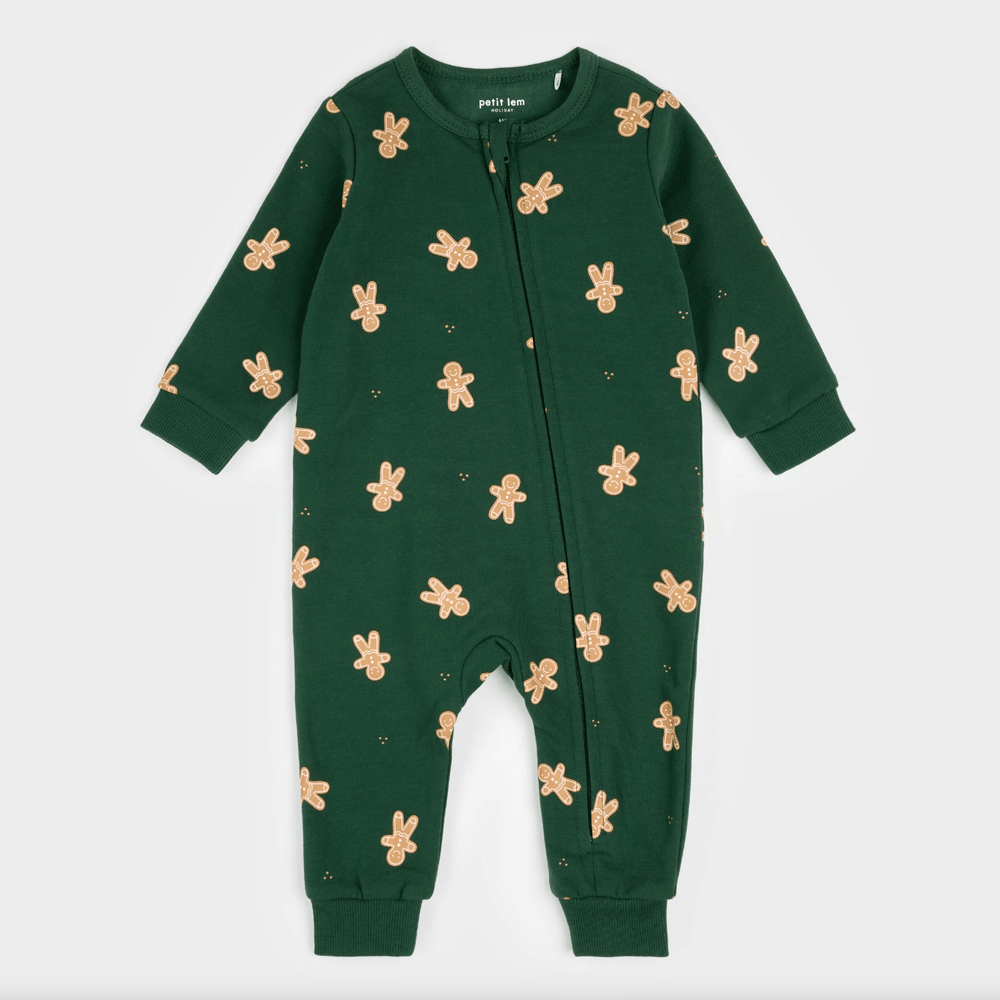 Petit Lem Gingerbread Man Print on Dark Green Fleece Playsuit - Princess and the Pea Boutique