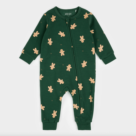 Petit Lem Gingerbread Man Print on Dark Green Fleece Playsuit - Princess and the Pea Boutique