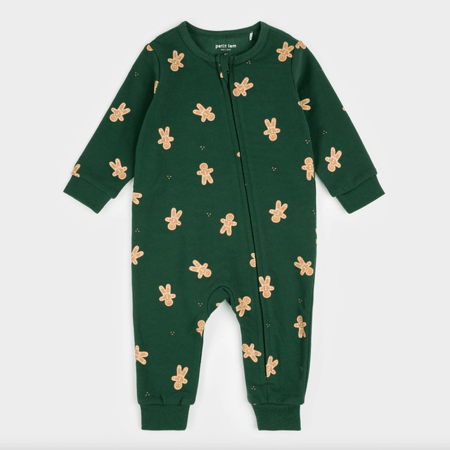Petit Lem Gingerbread Man Print on Dark Green Fleece Playsuit - Princess and the Pea Boutique