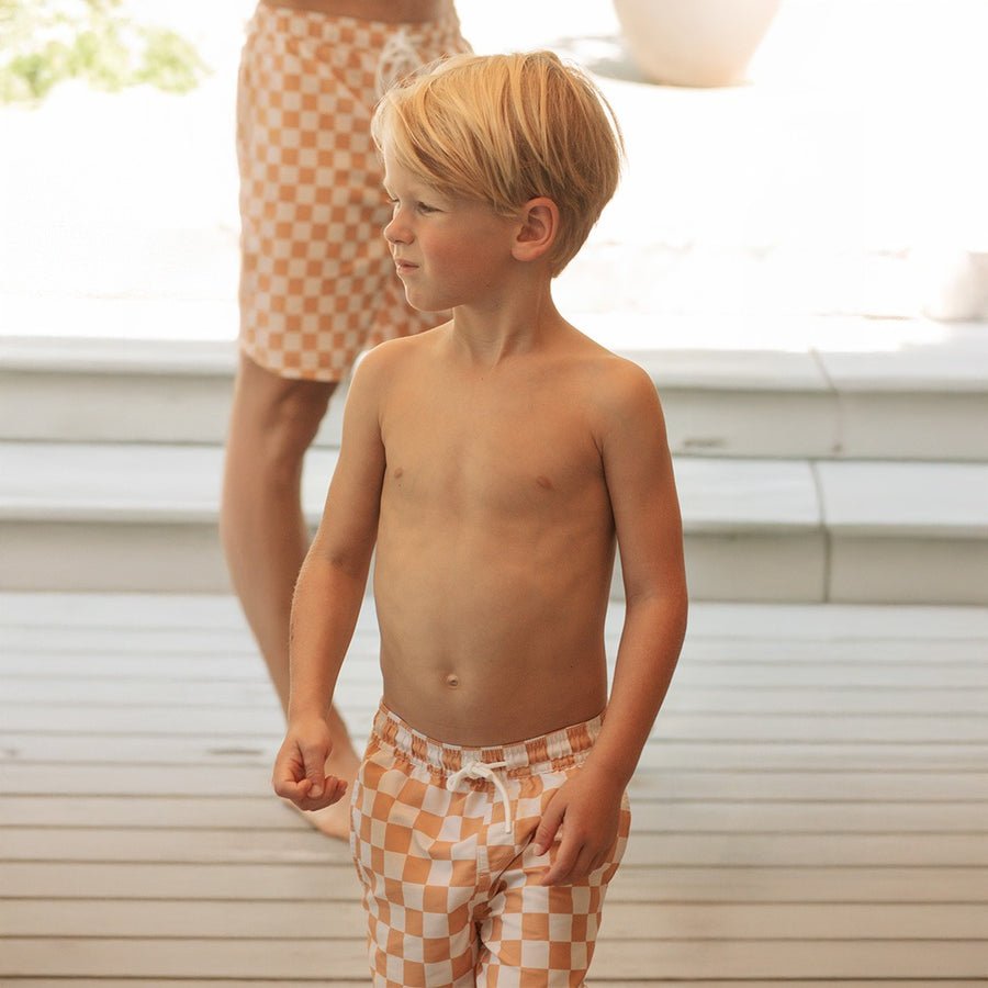 Petit Lem Orange Checkerboard Swim Trunks - Princess and the Pea Boutique