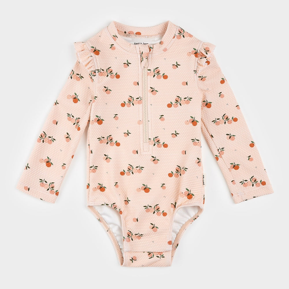 Petit Lem Oranges Print on Crème Tan Long - Sleeve One - Piece Swimsuit - Princess and the Pea Boutique
