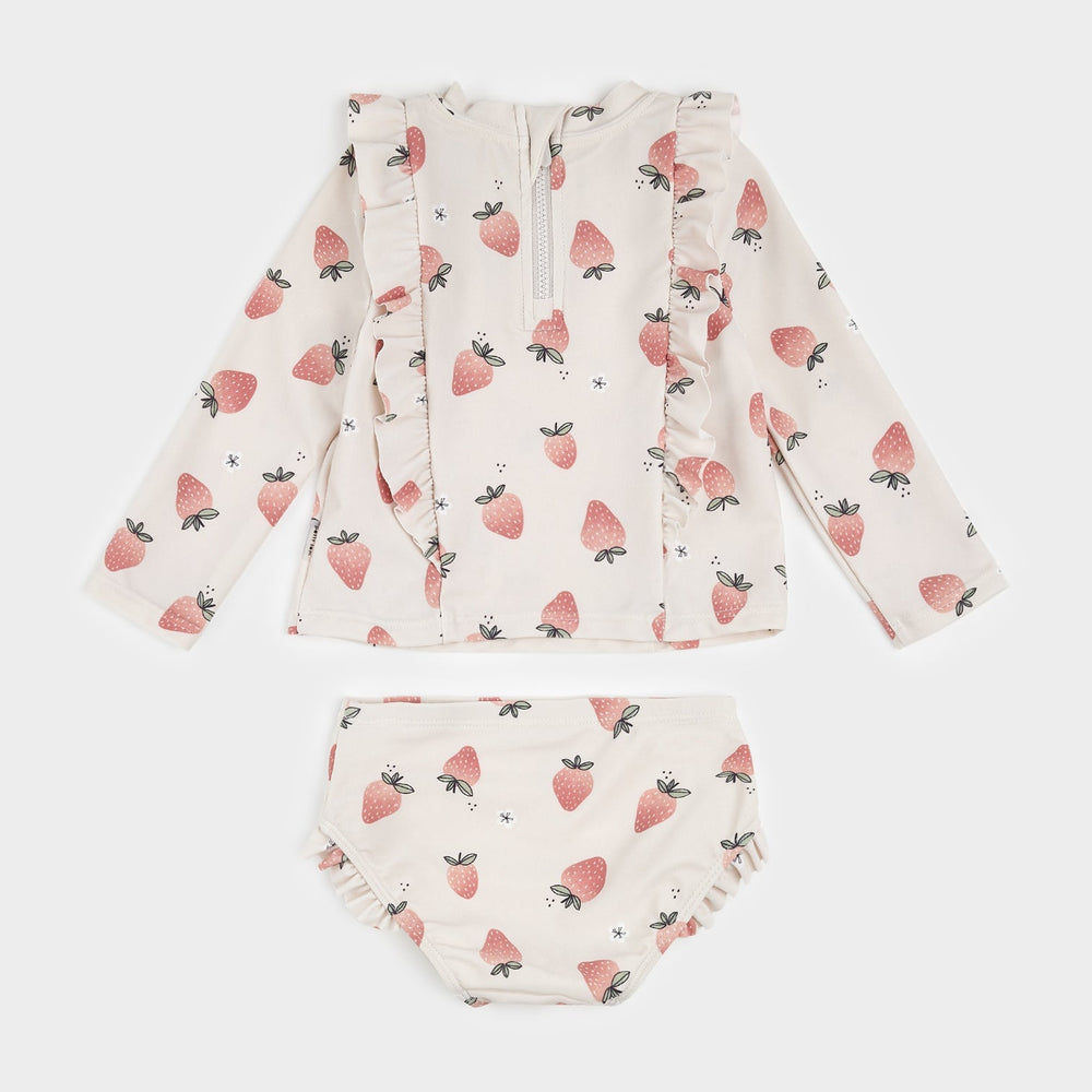 Petit Lem Strawberry Print on Crème Long - Sleeve Rashguard Set - Princess and the Pea Boutique
