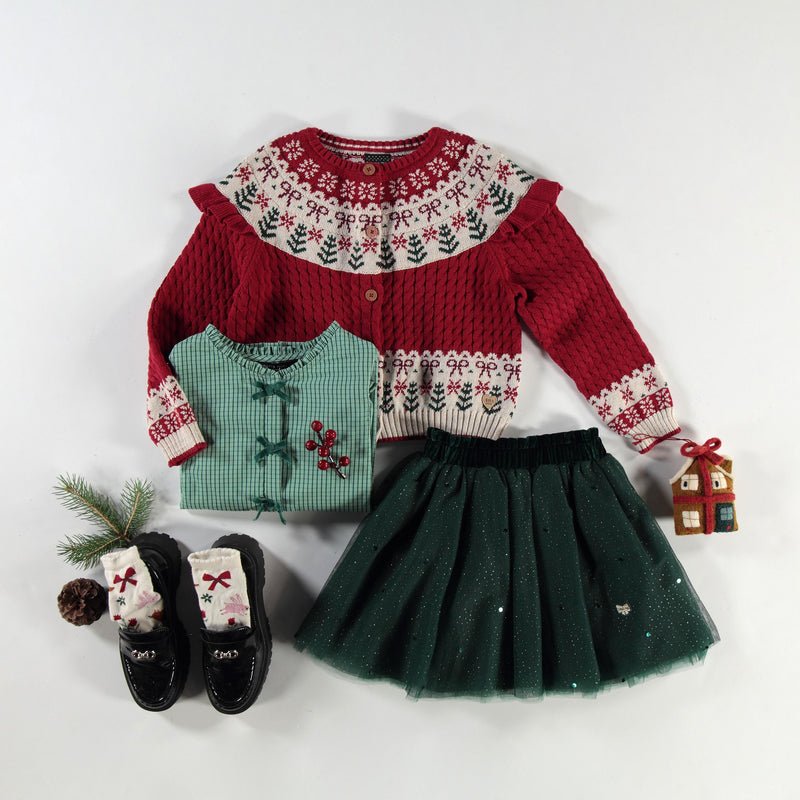 Red knit cardigan with jacquard patterns, child - Princess and the Pea Boutique