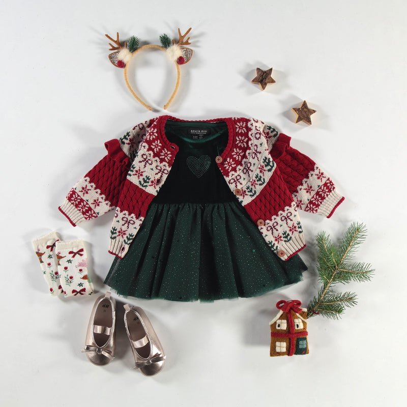 Red Knitted Cardigan with Jacquard Patterns, Baby - Princess and the Pea Boutique