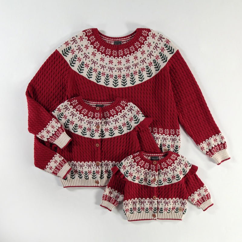 Red Knitted Cardigan with Jacquard Patterns, Baby - Princess and the Pea Boutique