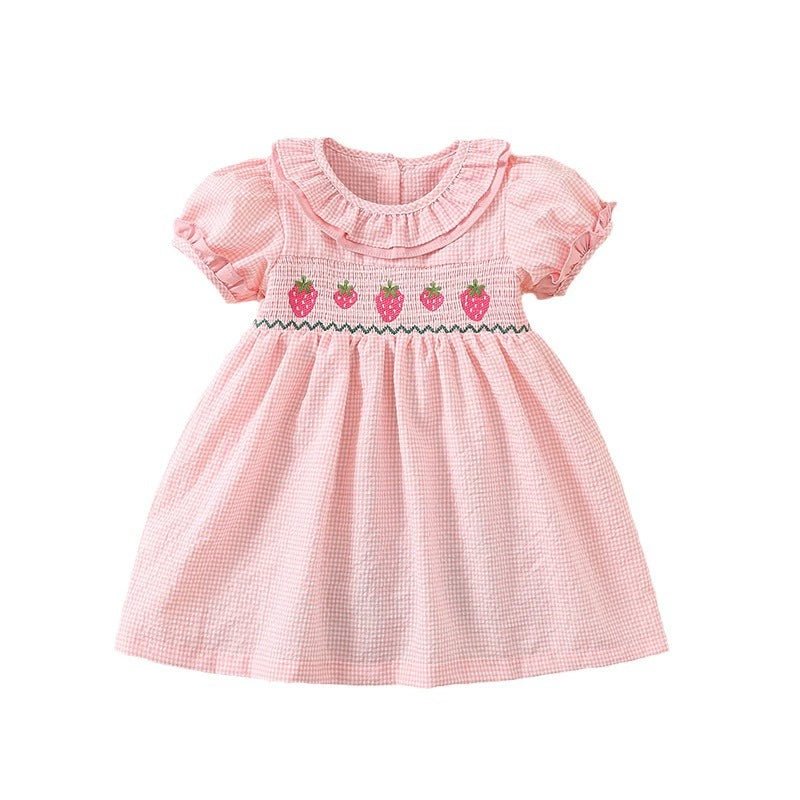 Smocked Pink Gingham Strawberry Dress - Princess and the Pea Boutique