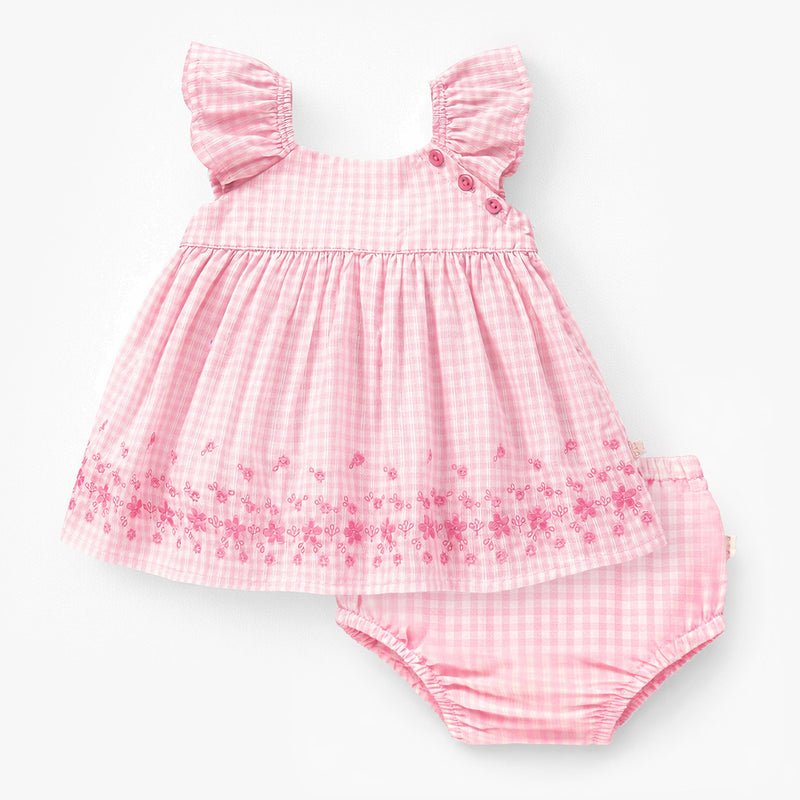 Souris Mini Pink checkered dress and bloomers with eyelet embroidery - Princess and the Pea Boutique