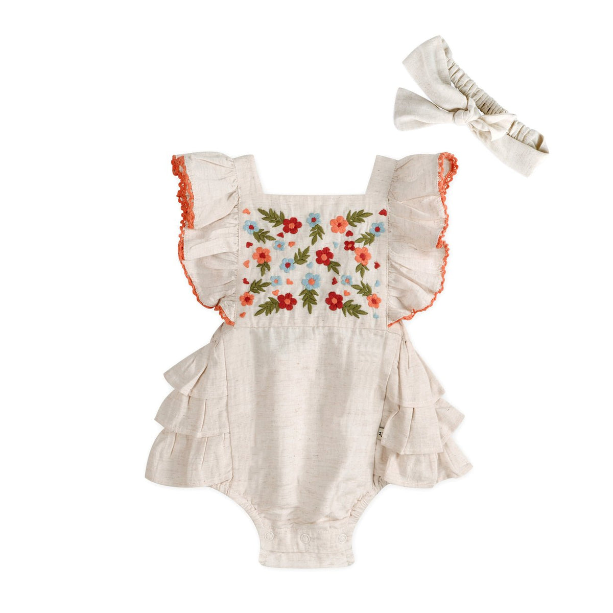 Viverano Organics Anya Embroidered Baby Romper + Headband - Linen Blend - Princess and the Pea Boutique