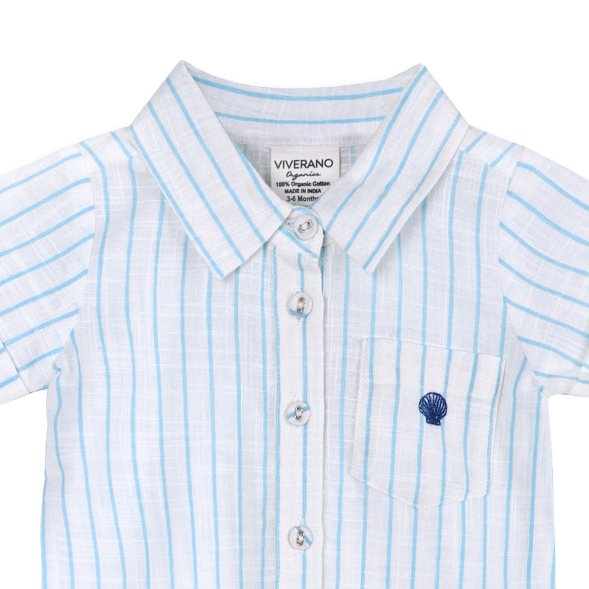 Viverano Organics Aqua Embroidered Baby Romper - Sea Blue Stripe - Princess and the Pea Boutique