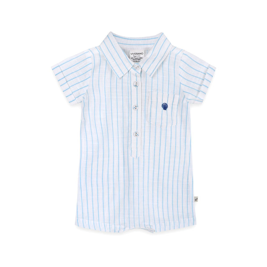 Viverano Organics Aqua Embroidered Baby Romper - Sea Blue Stripe - Princess and the Pea Boutique
