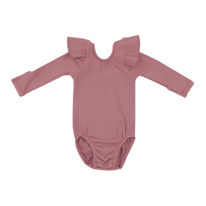 Kyte Baby Ribbed Long Sleeve Ruffle Leotard in Dusty Rose - Princess and the Pea