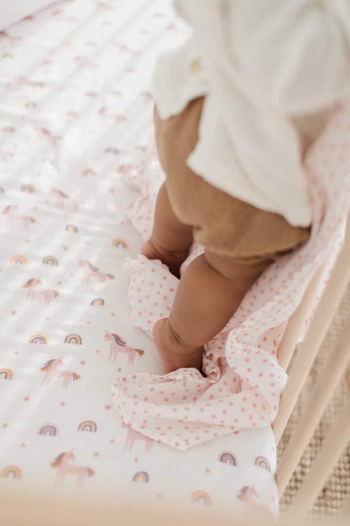 Lil North Co. Muslin Crib Sheet - Bright Unicorn - Princess and the Pea