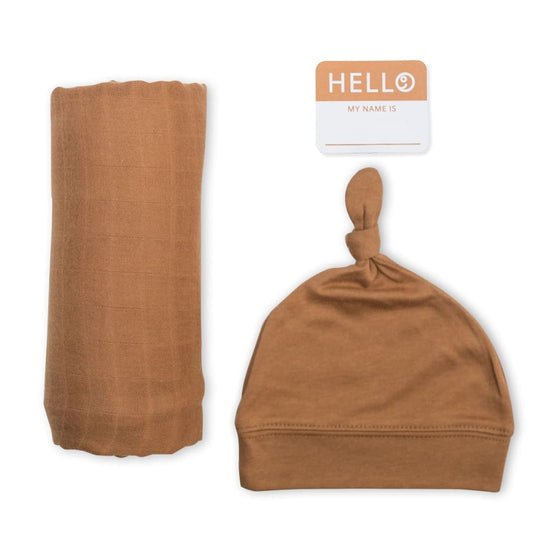 Lulujo Hello World Hat & Swaddle Sets - Tan - Princess and the Pea