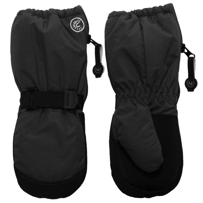 A child's black winter mitten with a long cuff, on a white background