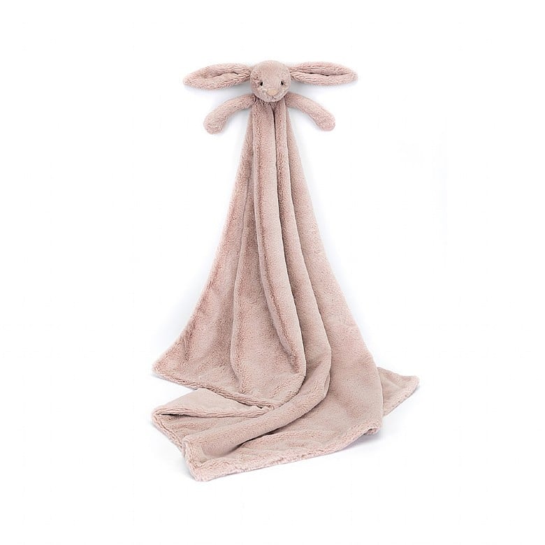 Soft pink bunny blankie with a plush bunny head and a square knotted blanket body