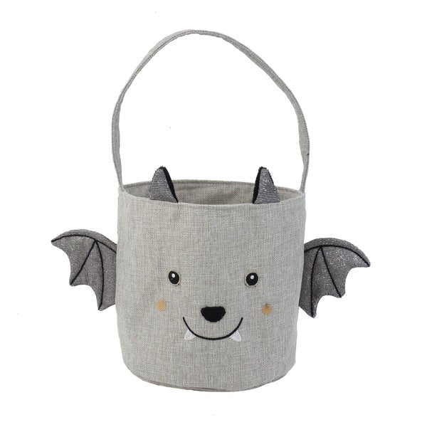 Grey trick-or-treat bag shaped like a bat, with an embroidered face and a looped carry handle