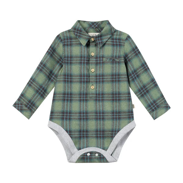 Me & Henry JASPER Green/Teal Plaid Woven Onesie