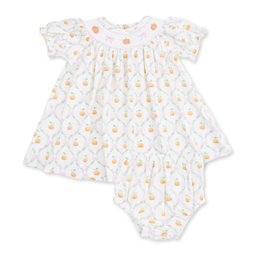 Angel Dear Puff Sleeve Bishop Dress and Bloomer - Pretty Pumpkin Trellis