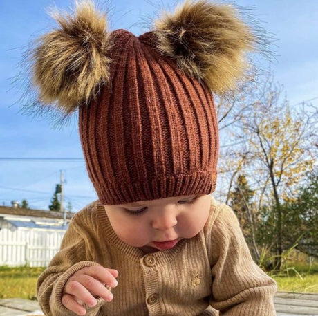 Calikids Double Pompom Knit Hat - Caramel