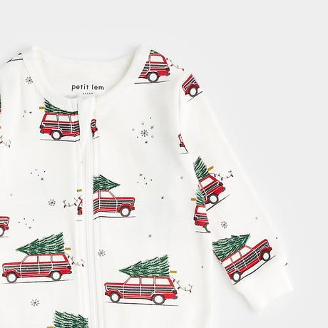 Petit Lem Festive Cars Print on Off-White Sleeper