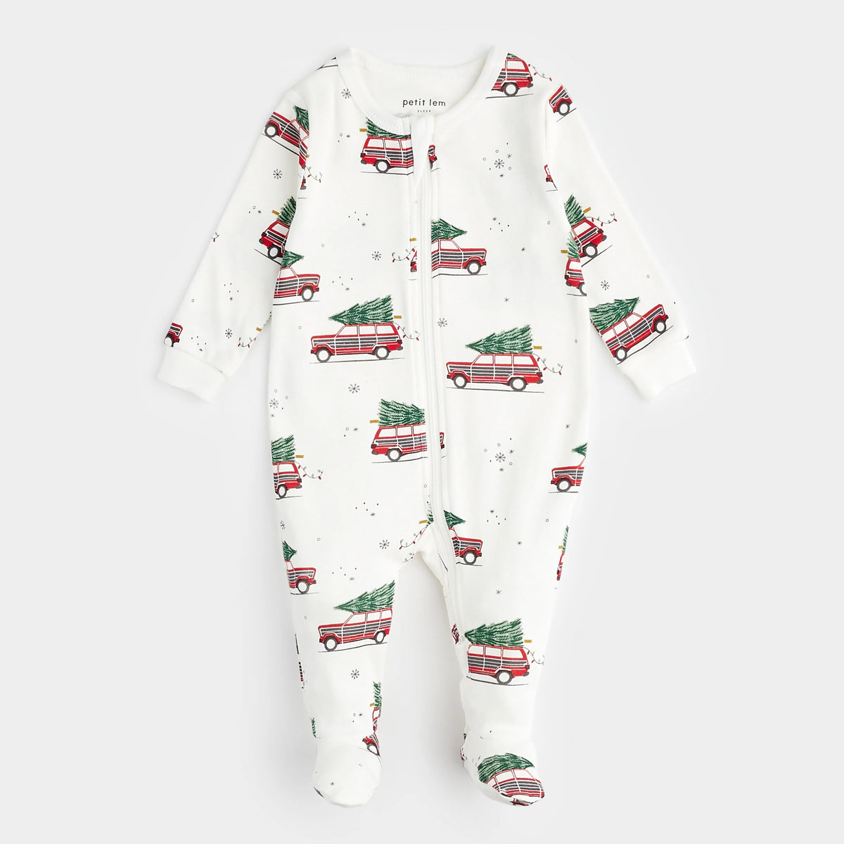 Petit Lem Festive Cars Print on Off-White Sleeper