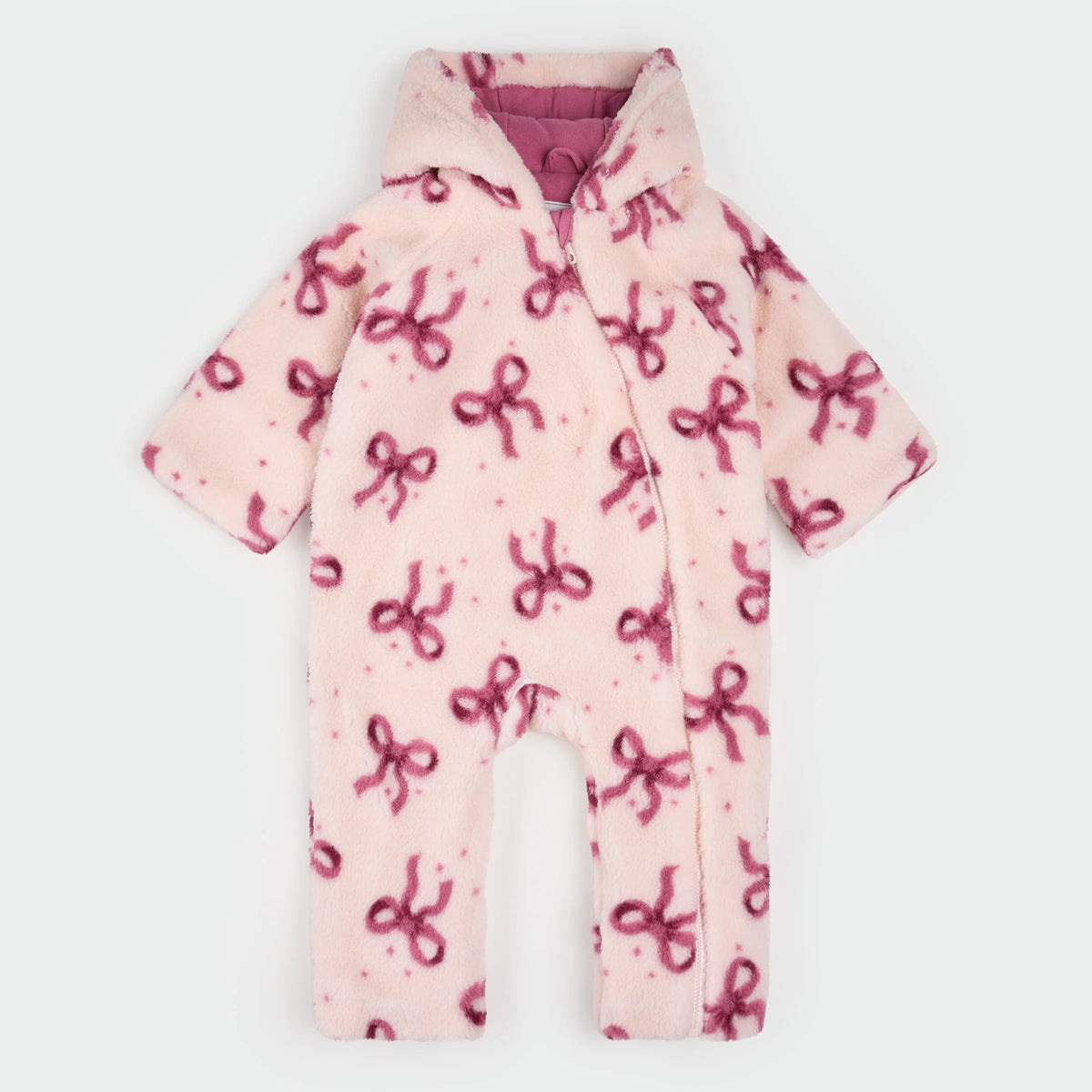 Petit Lem Bow Print on Soft Pink Sherpa Hooded Bunting Playsuit