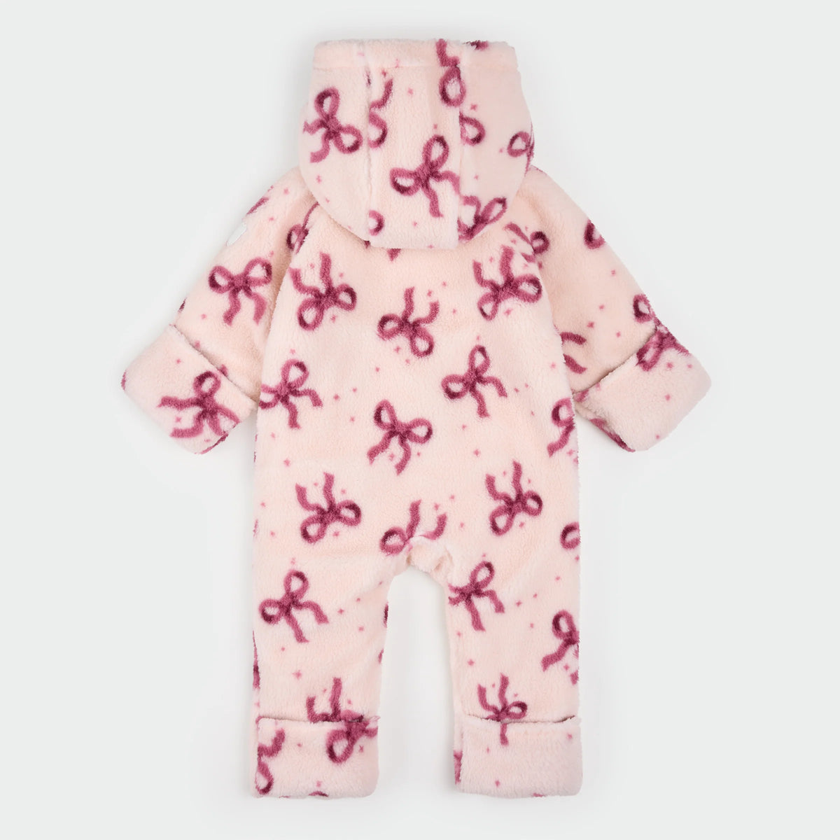 Petit Lem Bow Print on Soft Pink Sherpa Hooded Bunting Playsuit
