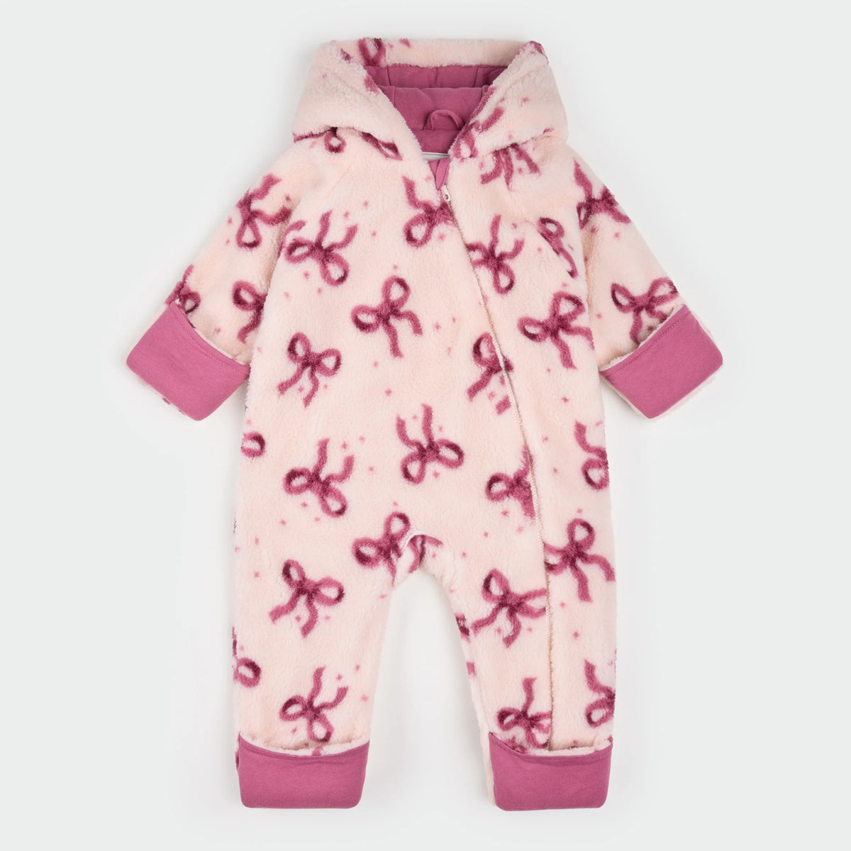 Petit Lem Bow Print on Soft Pink Sherpa Hooded Bunting Playsuit