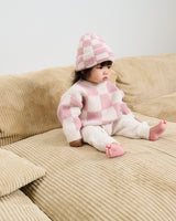7AM Enfant Boxy Sweater - Checkers Fuzzy Ecru Ash Rose - Princess and the Pea Boutique