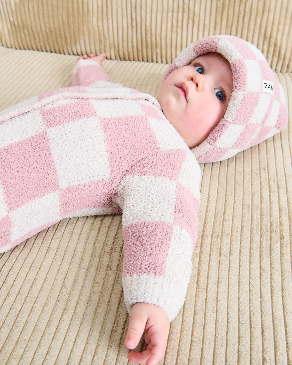 7AM Enfant Long Sleeve Jumpsuit - Checkers Fuzzy Ecru Ash Rose - Princess and the Pea Boutique