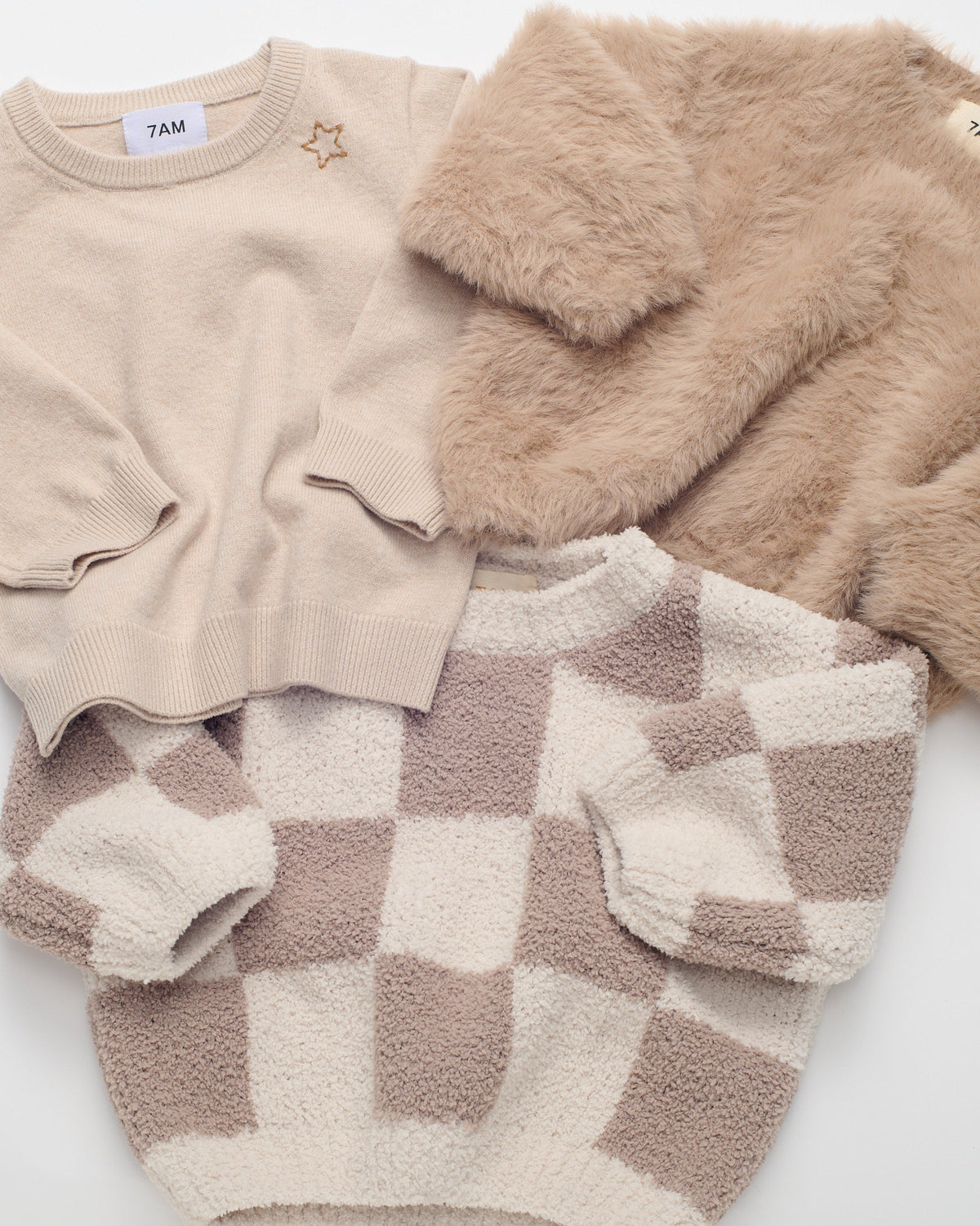 7AM Enfant Boxy Sweater - Checkers Fuzzy Ecru Taupe - Princess and the Pea Boutique