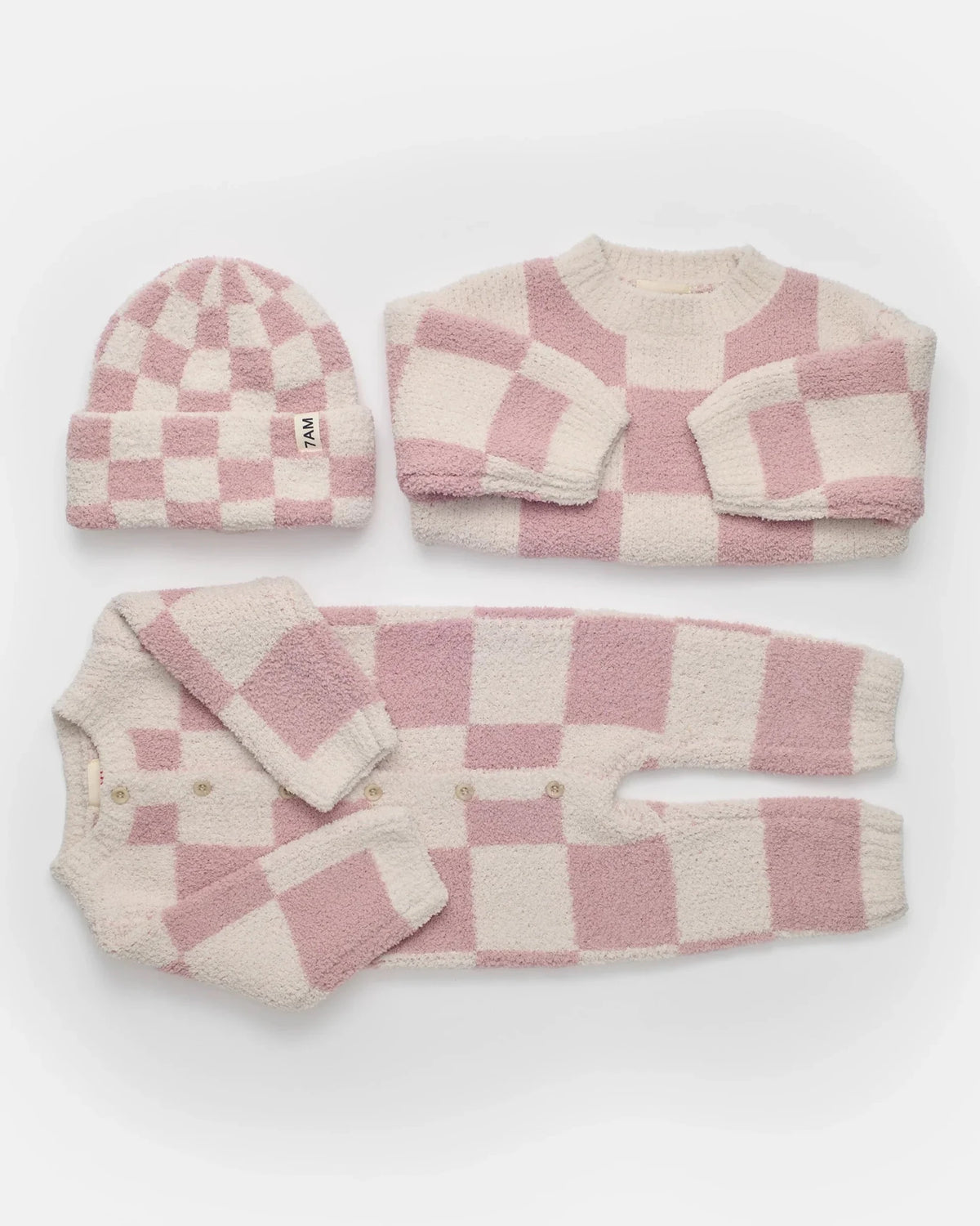7AM Enfant Beanie - Checkers Fuzzy Ecru Ash Rose - Princess and the Pea Boutique