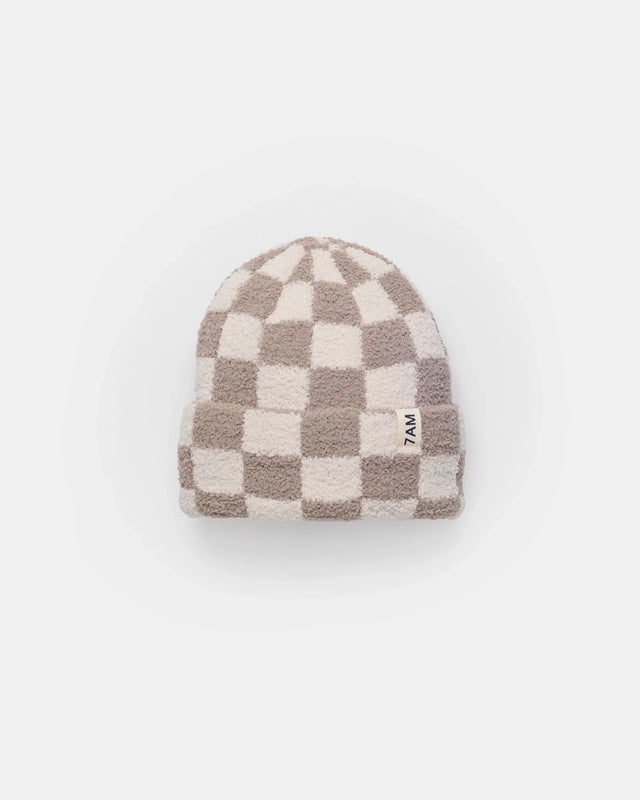 7AM Enfant Beanie - Checkers Fuzzy Ecru Taupe - Princess and the Pea Boutique