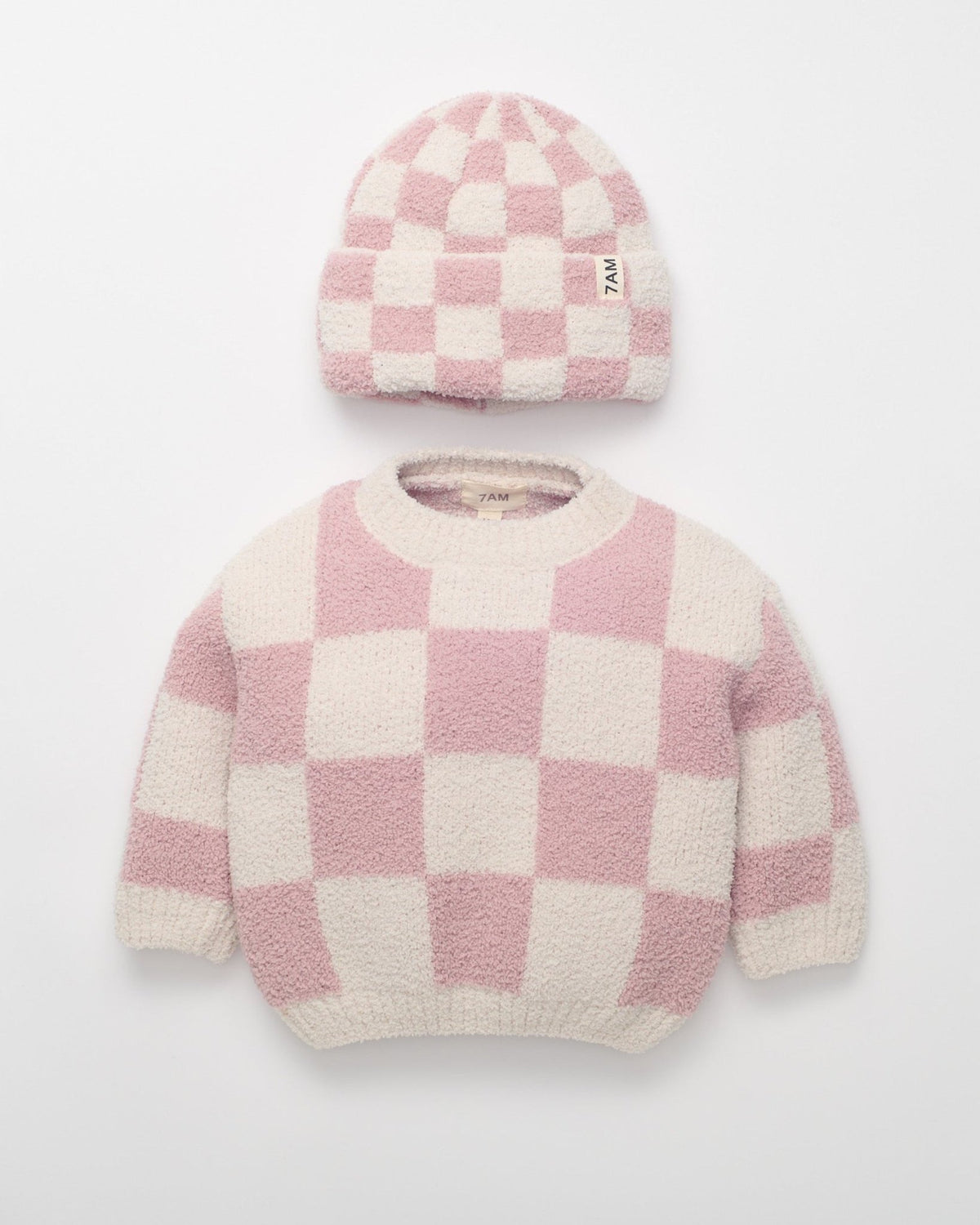 7AM Enfant Boxy Sweater - Checkers Fuzzy Ecru Ash Rose - Princess and the Pea Boutique