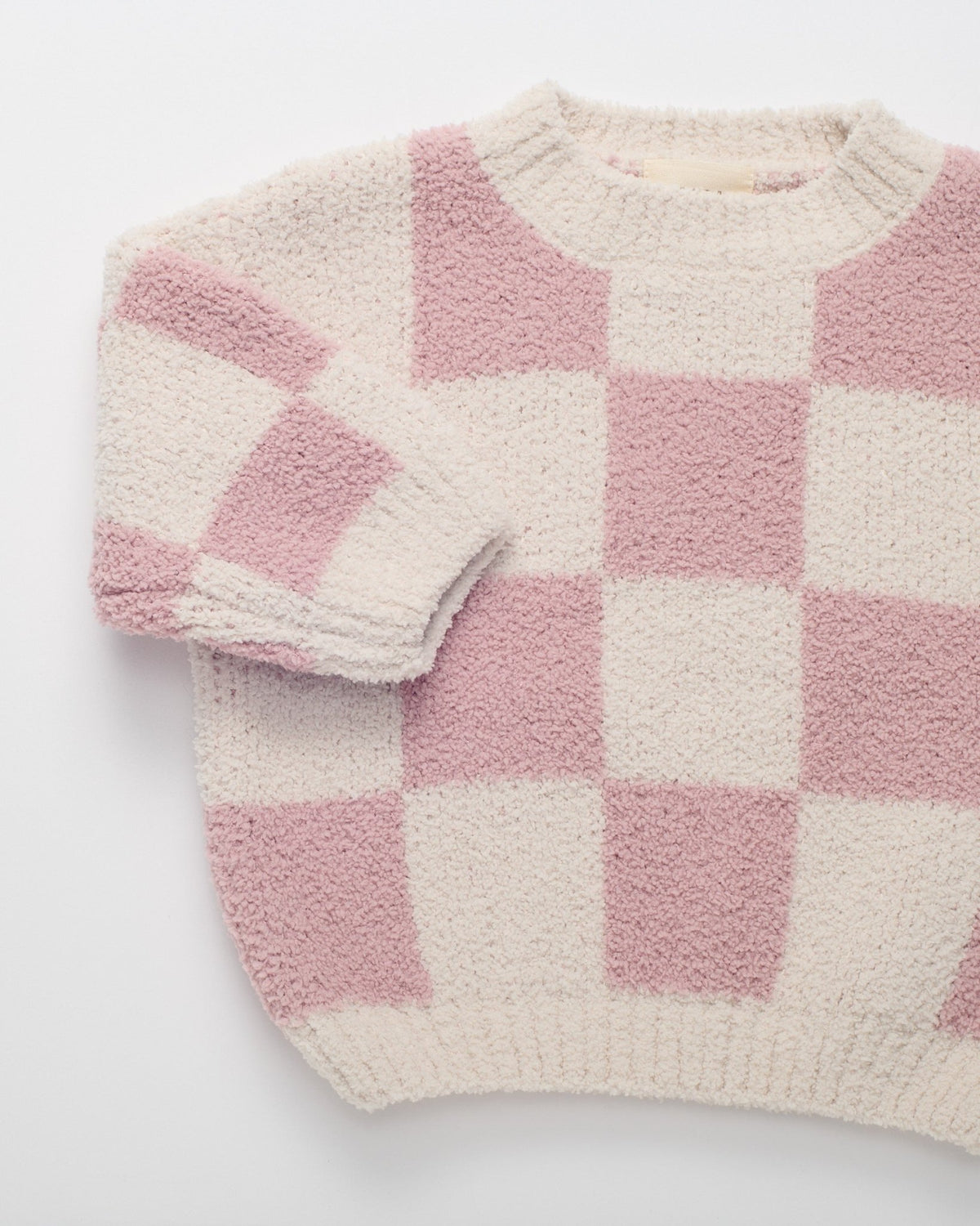 7AM Enfant Boxy Sweater - Checkers Fuzzy Ecru Ash Rose - Princess and the Pea Boutique