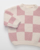 7AM Enfant Boxy Sweater - Checkers Fuzzy Ecru Ash Rose - Princess and the Pea Boutique