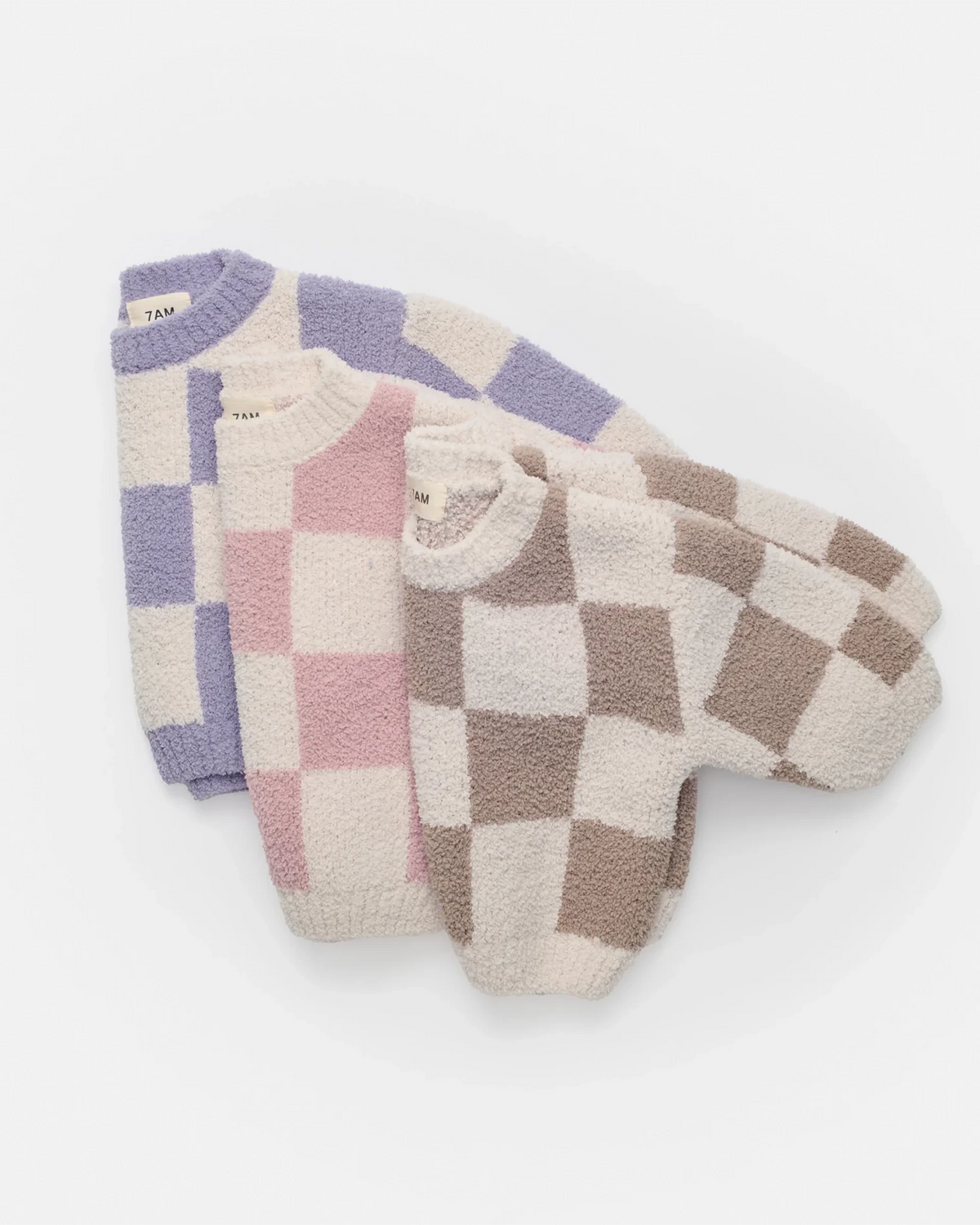 7AM Enfant Boxy Sweater - Checkers Fuzzy Ecru Taupe - Princess and the Pea Boutique