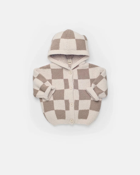 7AM Enfant Hooded Cardigan - Checkers Fuzzy Ecru Taupe - Princess and the Pea Boutique