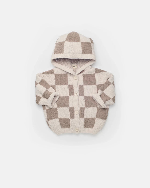 7AM Enfant Hooded Cardigan - Checkers Fuzzy Ecru Taupe - Princess and the Pea Boutique