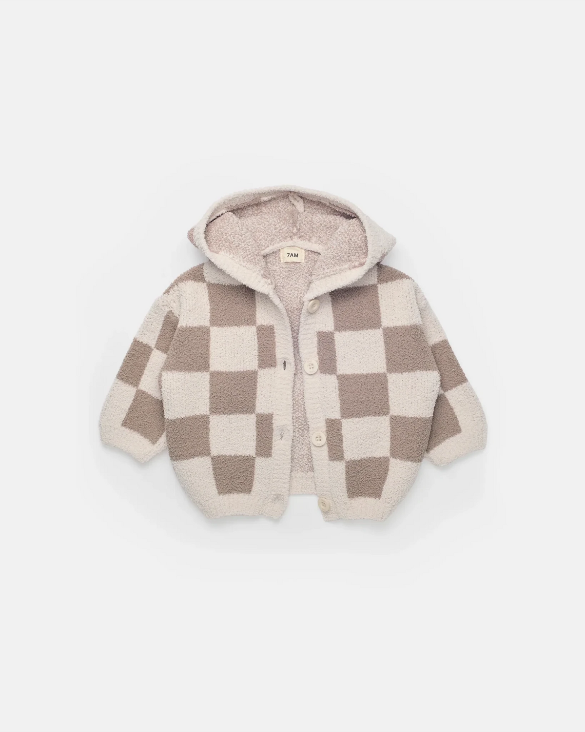 7AM Enfant Hooded Cardigan - Checkers Fuzzy Ecru Taupe - Princess and the Pea Boutique