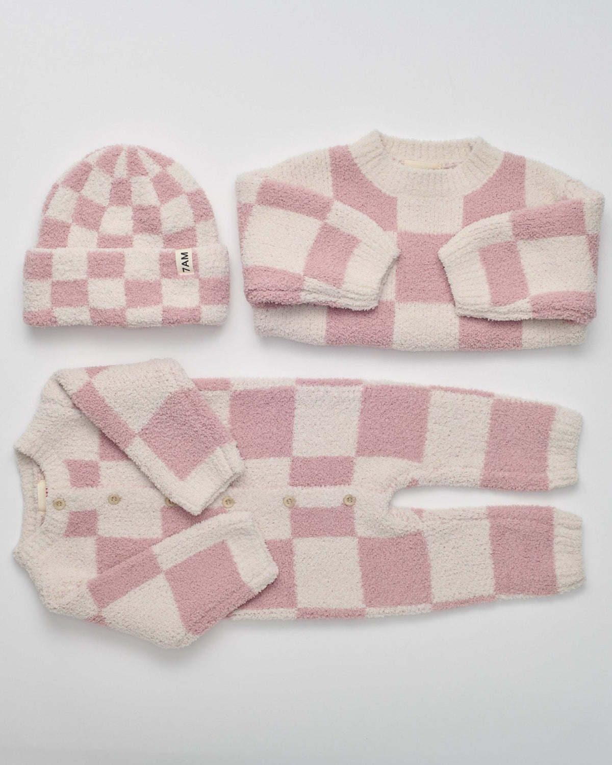 7AM Enfant Long Sleeve Jumpsuit - Checkers Fuzzy Ecru Ash Rose - Princess and the Pea Boutique