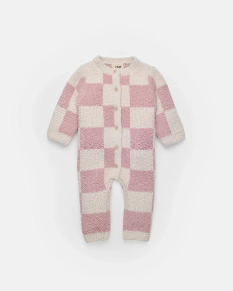 7AM Enfant Long Sleeve Jumpsuit - Checkers Fuzzy Ecru Ash Rose - Princess and the Pea Boutique