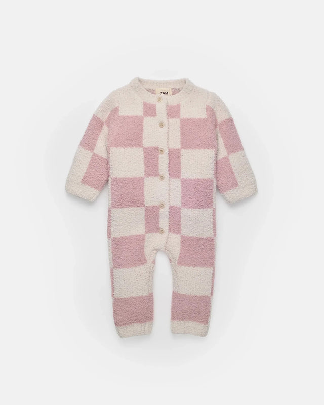 7AM Enfant Long Sleeve Jumpsuit - Checkers Fuzzy Ecru Ash Rose - Princess and the Pea Boutique