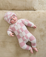 7AM Enfant Long Sleeve Jumpsuit - Checkers Fuzzy Ecru Ash Rose - Princess and the Pea Boutique