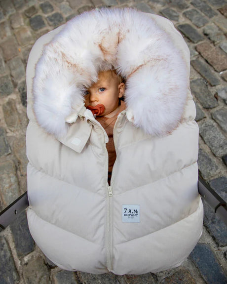 7AM Enfant Car Seat Cocoon - Tundra Heather Beige - White Faux Fur
