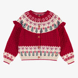 Red knit cardigan with jacquard patterns, child