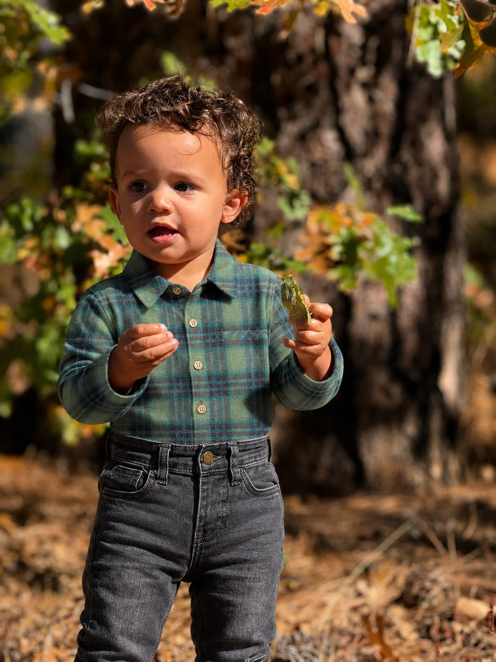 Me & Henry JASPER Green/Teal Plaid Woven Onesie