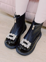 Quilted Crystal Bow Winter Boots – Black