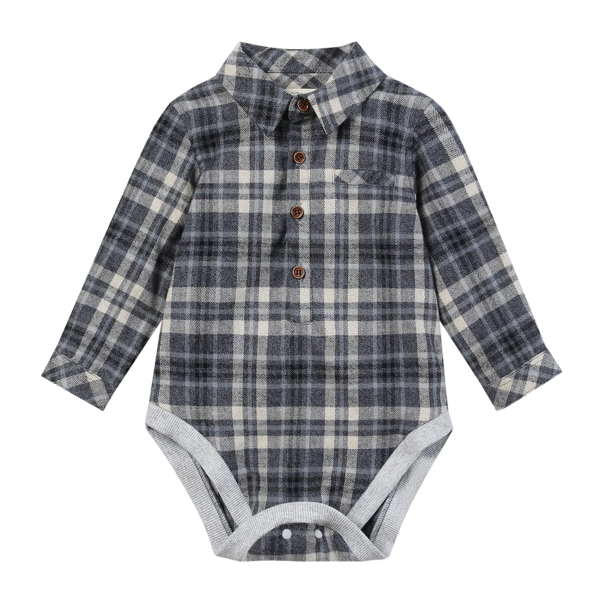 Me & Henry JASPER Beige/Blue brushed cotton plaid Woven Onesie