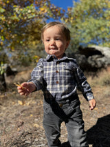 Me & Henry JASPER Beige/Blue brushed cotton plaid Woven Onesie